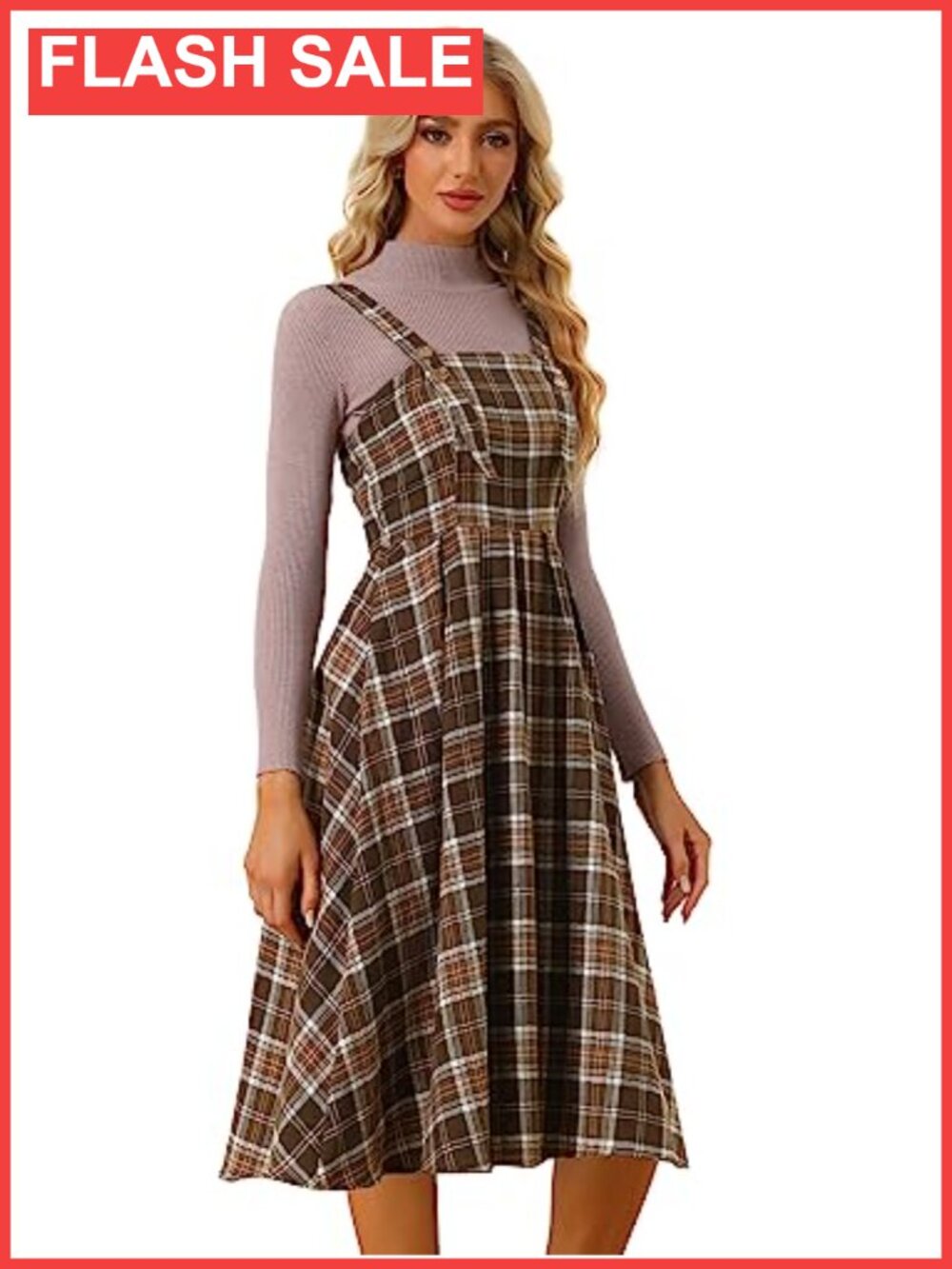 Plaid Sleeveless Suspender Overall Midi Dress A-Line Square Neck